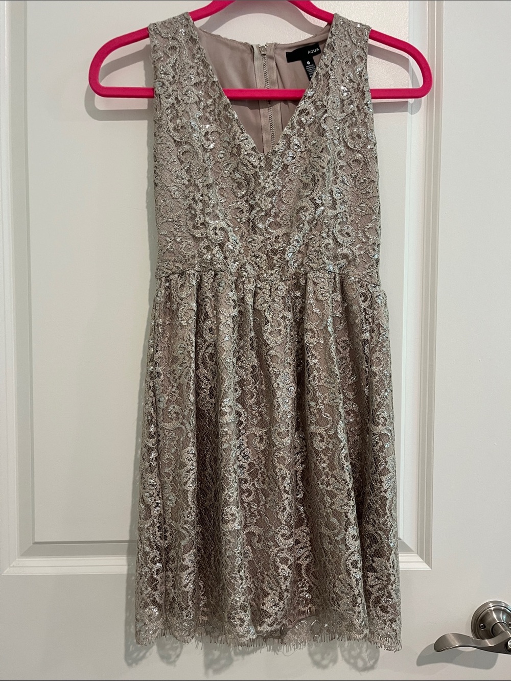 Aqua Lace V-Neck Mini Dress in Taupe/Silver
